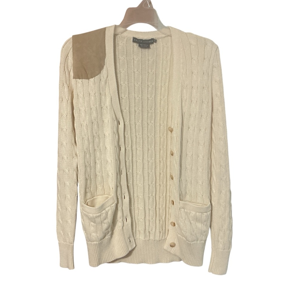 Vntg 80’s Ralph Lauren Cream Cable Knit Button Down Cardigan/Tan Suede Patch